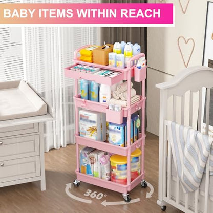 Goovilla 4 Tier Rolling Utility Cart Organizer with Removable Drawer, Pink - size: 4 Tier, style: Pink