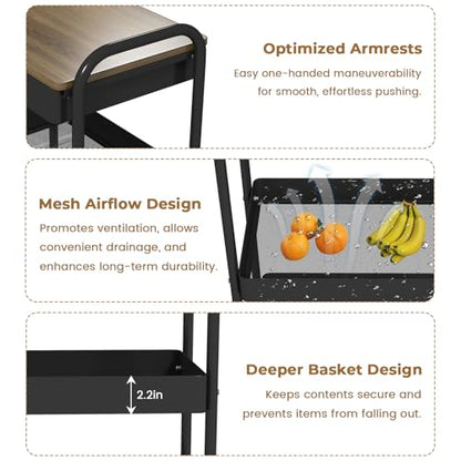 danpinera Rolling Cart with Drawers, Black Storage Cartwith Locked Wheels, Hooks & Hanging Cups for Any Room - color: Black