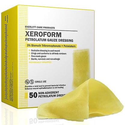 EVERLIT Xeroform Petrolatum Dressing | Sterile, Non-Adherent Occlusive Fine Mesh Gauze Pad | Non-Toxic, Gentle Patch for Burns, Laceration, Surgical Incisions & Skin Grafts (1" x 8" | Pack of 50) - size: 1" x 8" | Pack of 50