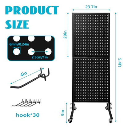 Royxen Large Standing Pegboard Display with T-Base, 2 x 5.4 Feet Metal Pegboard Display Stand with 30 Hooks, Peg Board Panels with Wheels for Vendors, Home and Retail Store (Black) - color: Black