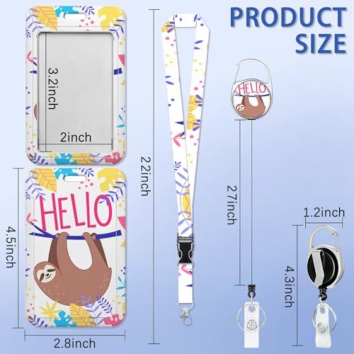 Cute Sloth Badge Holder Colorful Tropical Leaves Plastic Case with Retractable Badge Reel Carabiner Clip and Detachable Lanyard Strap Vertical Card Protector for Women Nurse Teacher Student - color: Cute Sloth