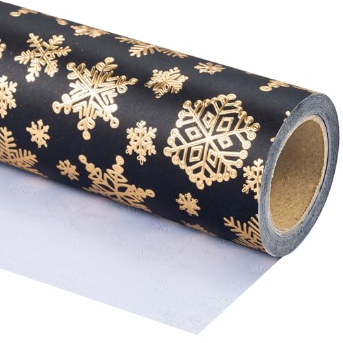 WRAPAHOLIC 30 Inch 3D Kraft Christmas Wrapping Paper - 30 Inch x 16.5 Feet - Gold and Black Snowflake Wrapping Paper with Embossed Perfect for Christmas, Holiday, Party Celebration - color: Christmas Snowflakes - Black & Gold, size: 30 inch x 16.5 feet