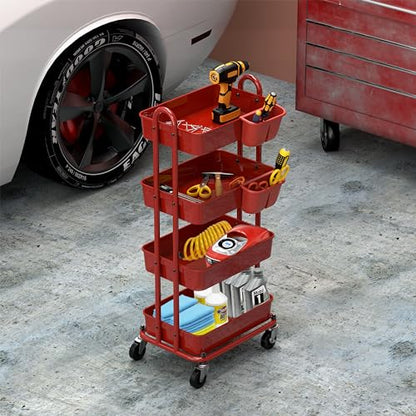 Simple Houseware 4-Tier Rolling Utility Cart with Hanging Bucket, Red - color: Red, size: 4-Tier