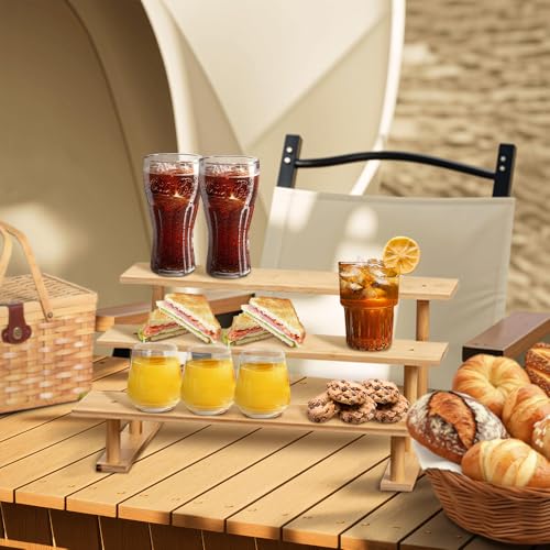CROISSANT Bamboo and Wood 3 Tier Cupcake Stand, Food Display Risers for Party , Statues and Lego Displays, Cologne Stand, Perfume Display Stand（3 Tier，1Pack）