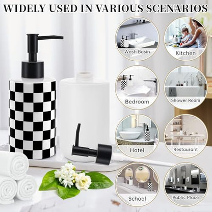Soap Dispenser with Matte Black Pump, Ceramic Soap Dispenser Bathroom, Checkerboard Dish Soap Lotion Dispenser for Kitchen Sink, Black & White Plaid Refillable Liquid Hand Soap Bottle - color: Black & White