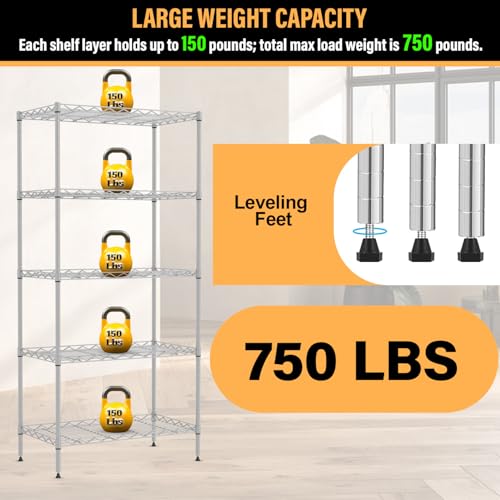 FDW | 5-Tier Wire Shelf | 21" x 11" x 48" | Chrome - color: Chrome, size: 5-Shelf No Wheels