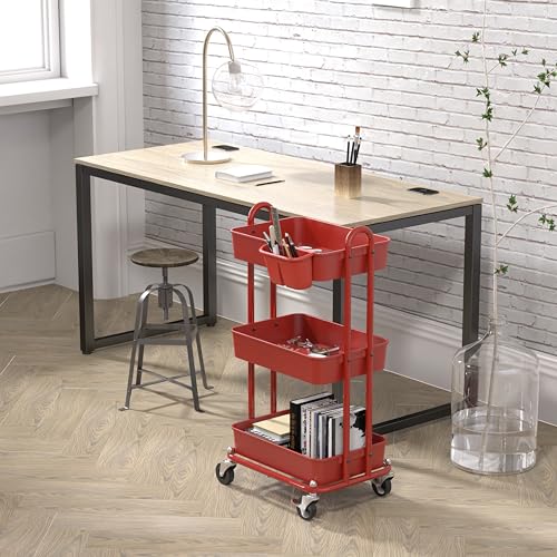 Simple Houseware 3-Tier Rolling Utility Cart with Hanging Bucket, Red - color: Red, size: 3-Tier