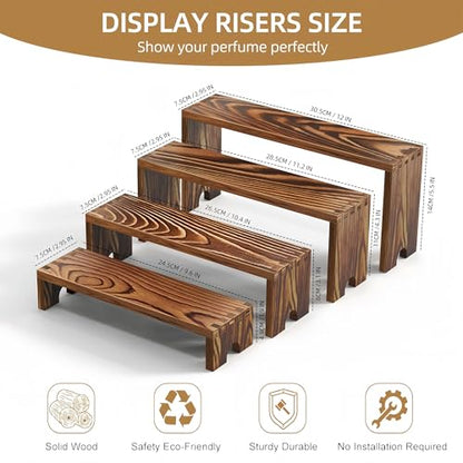 2 Set wood tone Wooden Tiered Display Stands 4 Tier Stackable Pine Wood Display Risers, Suitable for Vendor Events, Cupcake Stands, cake stand Wooden Dessert Table Sets, Vendor Booth Displays,Cosmetic & pantry organizers and storage can organizer, Kitchen