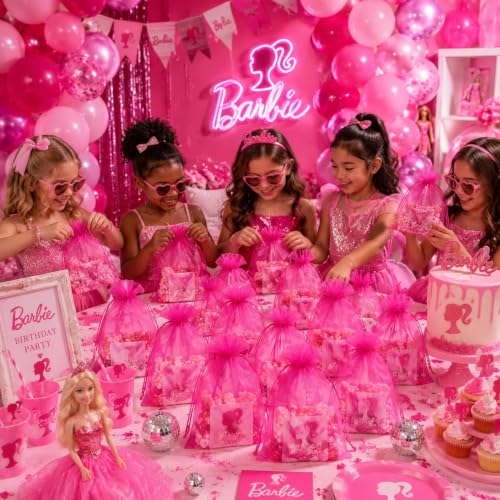 Jexila 100 Pack Hot Pink Organza Mesh Gift Bags 5X7 Girls Party Favor Pouch - color: Hot Pink
