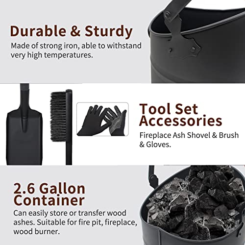Poofzy Ash Bucket for Fireplace, 2.6 Gallon Metal Fireplace Ash Bucket for Wood Stove, Includes Shovel, Broom and Gloves Indoor & Outdoor - size: 2.6 Gallon (Black)