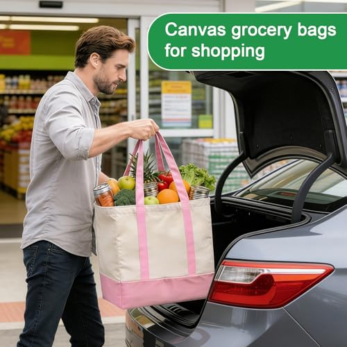 1-Pack Heavy Duty Canvas Reusable Grocery Bags, 8.3 Gal Foldable Large Tote with Handles, Washable Eco-friendly Bags with 5 Pockets, (Pink/Beige) - color: [A1] Off White / Pink/B, size: 1 Pack