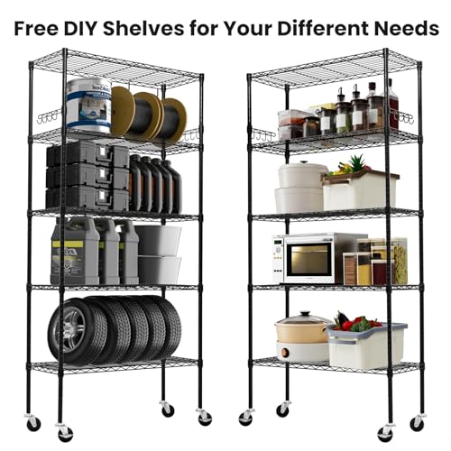 Storage Shelves 75"H Wire Shelving Unit with Wheels 1750LBS Heavy Duty Metal Shelves for Storage Adjustable 5-Tier Garage Storage Rack Kitchen Pantry Shelves Rolling Shelf on Casters, 14"D x36"W x75"H - size: Heavy 5 Tier Shelf