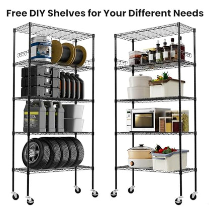 Storage Shelves 75"H Wire Shelving Unit with Wheels 1750LBS Heavy Duty Metal Shelves for Storage Adjustable 5-Tier Garage Storage Rack Kitchen Pantry Shelves Rolling Shelf on Casters, 14"D x36"W x75"H - size: Heavy 5 Tier Shelf
