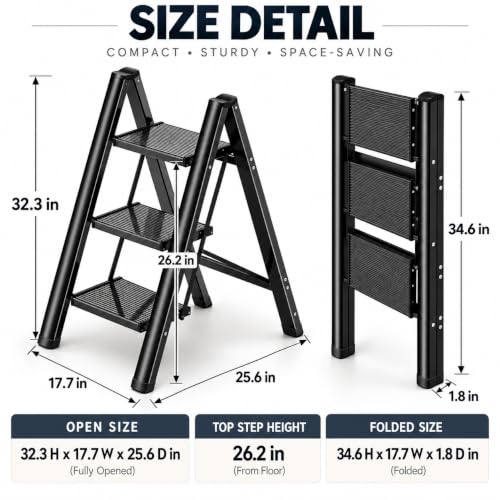 HISMOCAL 3 Step Ladder, Aluminum Folding Step Stool for Closet, Black - color: Black, size: 3 Step