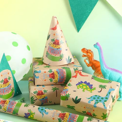 RUSPEPA Dinosaur Wrapping Paper Birthday Boy, Mini Roll, Kraft Wrapping Paper with Dinosaur and Cakes Pattern Designs, Gift Wrap for Kids, Birthday, Party and Holiday, 17 in x 16.4 ft - color: Dinosaur and Cake, size: 17 in x 16.4 ft