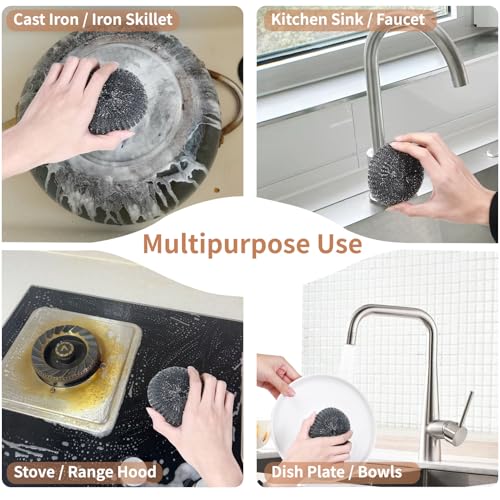 9Pcs Steel Wool Scrubber with Replacement Wire Sponge Pads Set, Stainless Steel Scrubber with Handle for Scouring Messes from Cast Iron, Frying pan, Pots, Pans, Grill, Stoves, Sink(1 Scrubber+8 Pads) - size: 1 Handle+8 Pads