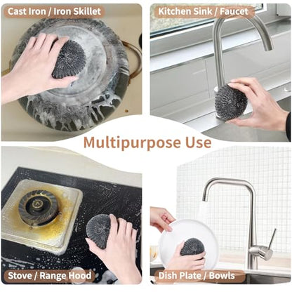 9Pcs Steel Wool Scrubber with Replacement Wire Sponge Pads Set, Stainless Steel Scrubber with Handle for Scouring Messes from Cast Iron, Frying pan, Pots, Pans, Grill, Stoves, Sink(1 Scrubber+8 Pads) - size: 1 Handle+8 Pads
