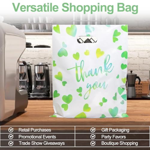 WAKAKO Bulk 50 Green Thank You Shopping Bags with Handles – Durable Plastic Retail Bags for Business Small, Boutique, Gifts, Merchandise (Small 12"x9") – Fits Accessories & Jewelry - size: 1 Count (Pack of 50)