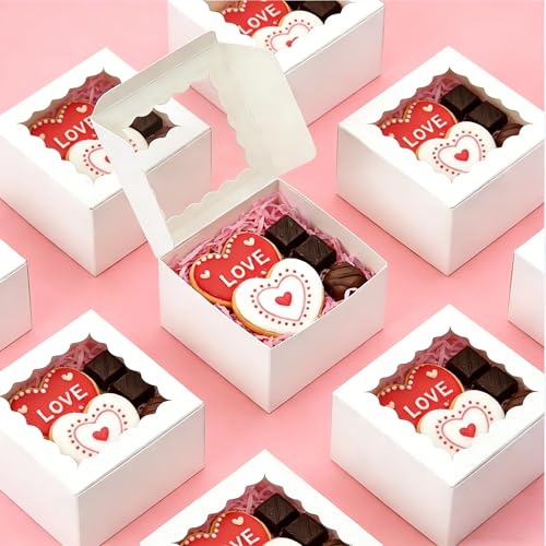 XINHPKGG 100 Pcs White Cookie Boxes 4x4x2.5 Inch Bakery Boxes with Window - color: White