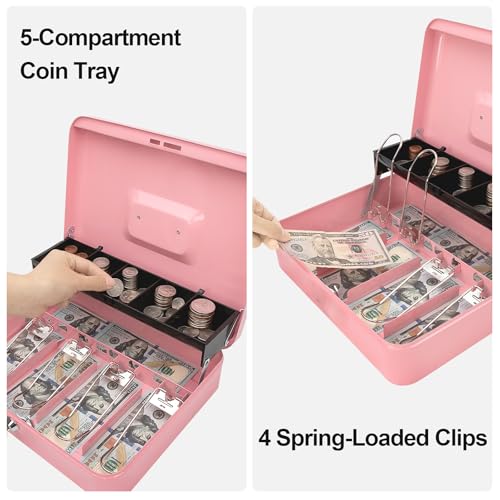Jssmst Metal Cash Box with Money Tray and Lock, Portable Cash Drawer, 11.8" - color: Pink Key