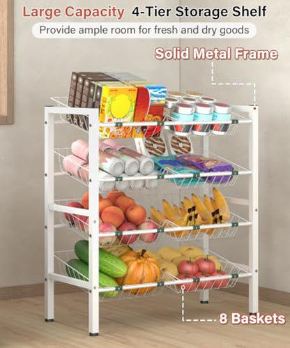 4-Tier Fruit and Vegetable Storage Rack, Freestanding Snack Stand Shelf with 8 Removable Baskets, Small Kitchen Island for Pantry Floor Organization, White