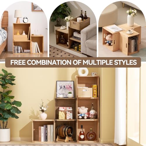 KIRIGEN Stackable Wood Storage Cube with Handles, Open Cubby Bin, Brown - color: Dark Brown, size: M/14.2*9.1*6(C15)