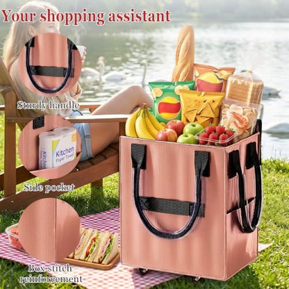 Reusable Grocery Bag on Wheel, Foldable Shopping Cart with Wheels, Can Carry up to 88 Pounds, Suitable for Groceries, Laundry, Camping and Moving. - color: Rose Gold - Medium