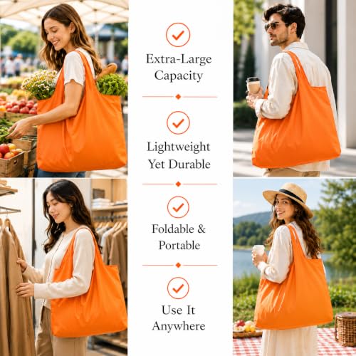 Reusable Grocery Bags 6 Pack, Foldable Shopping Bags with Pouch, Heavy Duty 50 LBS, Machine Washable Travel Totes - color: Orange
