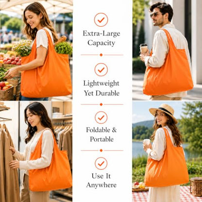 Reusable Grocery Bags 6 Pack, Foldable Shopping Bags with Pouch, Heavy Duty 50 LBS, Machine Washable Travel Totes - color: Orange