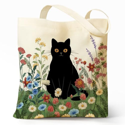 Cute Canvas Tote Bag for Women, Book Totebag with Zipper Pocket - color: Black Cat in Flower Shrubs
