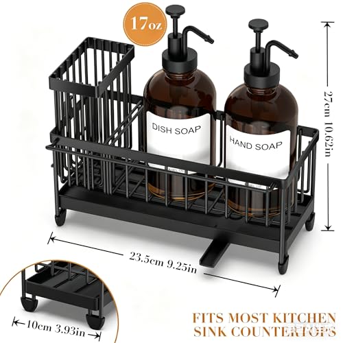 Kitchen Soap Dispenser Set with Sponge Holder and Towel Rack, 17OZ Glass Bottle, Hand and Dish Soap Dispenser Set, Non-Slip Silicone Pad, Brush Holder, Kitchen Sink Caddy Organizer Countertop (Amber) - color: Amber
