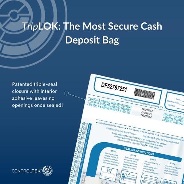 ControlTek TripLok Tamper-Evident Deposit Bags, 12" x 16", Clear, 100 Bags