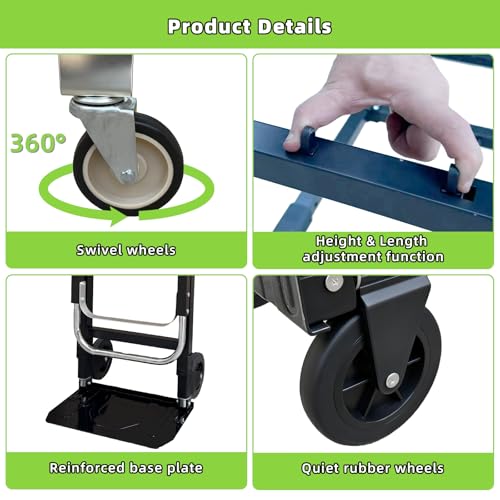 3 in 1 Folding Hand Truck, 600Lbs Capacity, Heavy Duty Collapsible Cart with Retractable Handle and 4 Rubber Wheels, Moving Dolly for Moving Home, Office, Food Service, Shopping Mall, Warehouse - color: Black