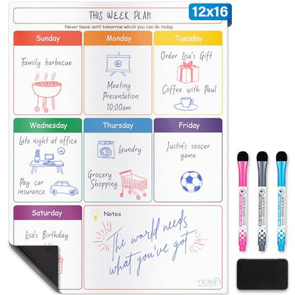 Magnetic Dry Erase Calendar 16x12 for Fridge with 3 Markers & Eraser - style: White Weekly Calendar