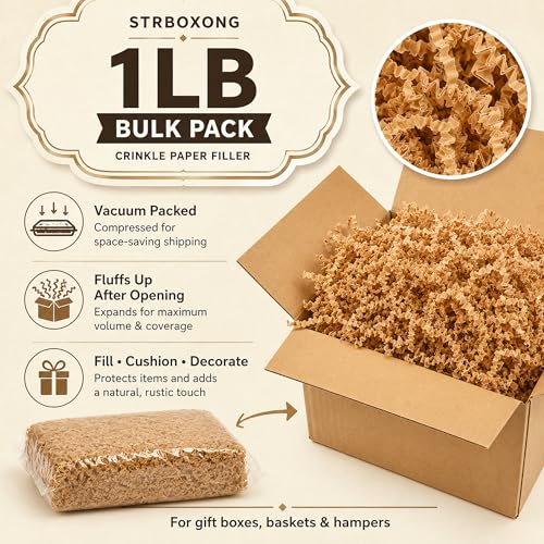 STRBOXONG Kraft Brown Crinkle Paper Filler 1 LB, Recyclable Crinkle Cut Paper Shred for Gift Baskets, Handmade Gift Boxes, Etsy Orders, Gift Bags, Small Business and Natural Packaging - color: Kraft