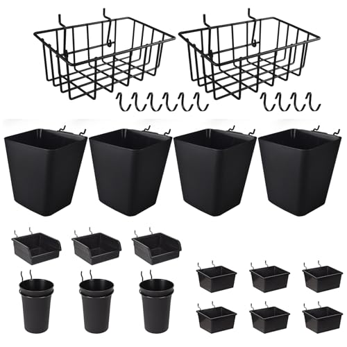 Pegboard Bins Baskets Organizer with Peg Board Hooks Cups - 28 Pack Peg Accessories Fit 1/8" & 1/4" Pegs - Black Holders & Hangers for Garage Craftroom Tool Hanging Display Storage Organization