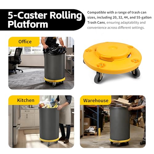 MaxWorks 18‑Inch Trash Can Dolly with 5 Swivel Casters High‑Visibility Yellow Rolling Base with Multi Size Compatibility for 20 to 55 Gallon Containers 250 lb Capacity Twist‑Lock Design (50933) - style: 20-55 Gal / 250lb capacity