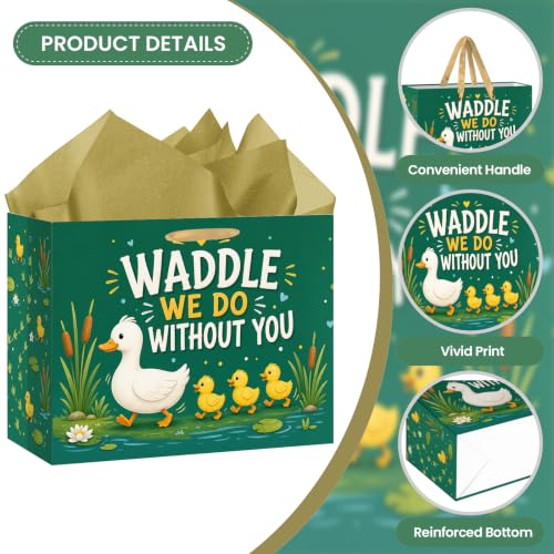Hkshaoda Waddle We Do Without You Duck Gift Bag Set with Tissue Paper and Card, Large Farewell Party Favor Bags for Goodbye, Retirement, Graduation, Teacher Appreciation, Coworkers and Friends