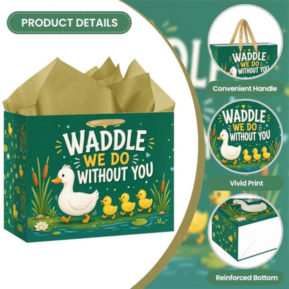 Hkshaoda Waddle We Do Without You Duck Gift Bag Set with Tissue Paper and Card, Large Farewell Party Favor Bags for Goodbye, Retirement, Graduation, Teacher Appreciation, Coworkers and Friends
