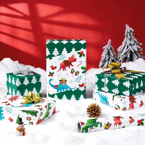 WERNNSAI Dinosaur Christmas Wrapping Paper Jumbo Roll 33 ft Green Dino Kids - color: Christmas Dinosaur C
