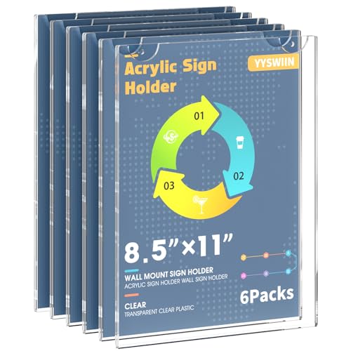 Acrylic Sign Holder 8.5 x 11 wall mount,Clear Plastic Poster Holders with 3M Tape and Mounting Screws,Durable Plexi Frame for Office,Store,Home,Cafe, Restaurant (6 Pack)