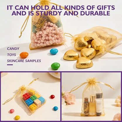 PACKINNO 100pcs Gold Organza Bags, Sheer Organza Bags 4x6 Inch, Small Mesh Bag, Drawstring Gift Bags for Party, Jewelry, Candy, Christmas, Festival, Bathroom Soaps, Makeup - color: Gold