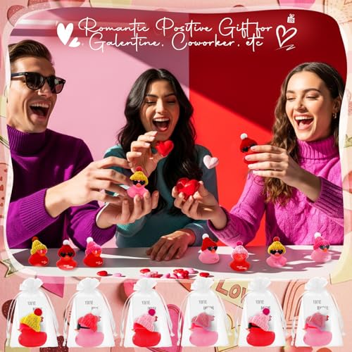 Liliful 24 Sets Pink Red Rubber Ducks with Knit Hat Sunglasses Card Bag - color: Pink Red