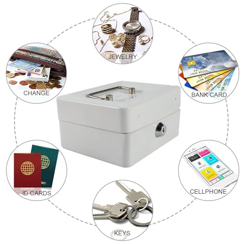 Lock Box, Safe Storage Box with Key Lock Fireproof and Safe Box Security Lock Mini Portable Iron Petty Lockable Cash Money Security (Small White)