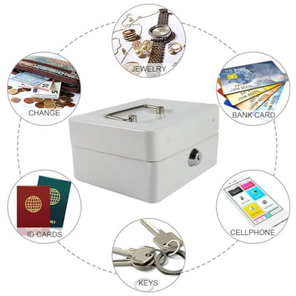 Lock Box, Safe Storage Box with Key Lock Fireproof and Safe Box Security Lock Mini Portable Iron Petty Lockable Cash Money Security (Small White)