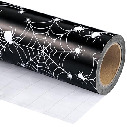 WRAPAHOLIC Halloween Wrapping Paper - Mini Roll - 17 Inch x 16.5 Feet - Black White Spider Web and Spider Wrapping Paper for Halloween Deco, Holiday, Party - color: Spider Web & Spider