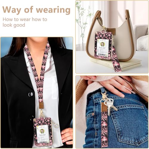 bolimoss Axolot ID Badge Holder & Lanyard Wallet 2-in-1Cute Sakura Womens Small Wallet with Removable Wristlet & Neck Lanyard, Clear Window, 5 Card Slots, Side Zipper Pocket, Ring Keychain - color: Cherry Blossom Axolot