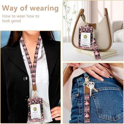 bolimoss Axolot ID Badge Holder & Lanyard Wallet 2-in-1Cute Sakura Womens Small Wallet with Removable Wristlet & Neck Lanyard, Clear Window, 5 Card Slots, Side Zipper Pocket, Ring Keychain - color: Cherry Blossom Axolot