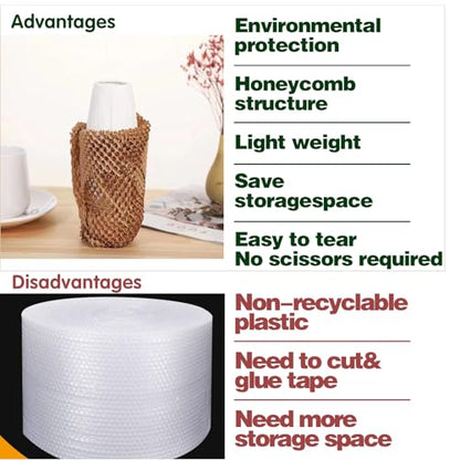 Honeycomb Packing Paper,12" W x 164' L with 24 Fragile Sticker Labels，Eco Friendly Recyclable Packing Paper，Bubble buffer film packaging substitute，for Moving,Products & Gifts Wrapping Paper（Brown）