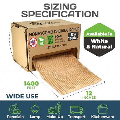 HexcelPack HexcelWrap Mini Honeycomb Packing Paper - Natural, 12" x 1400' - color: Natural HoneyComb, size: 12" x 1400 Feet - Roll with Dispenser Box